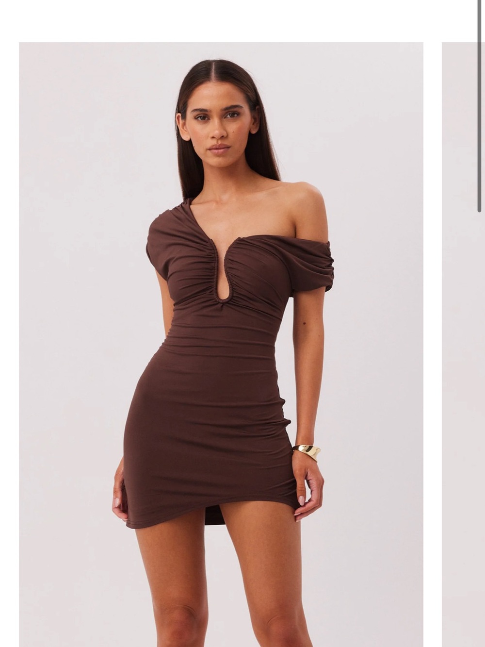 Ruched One-Shoulder Brown Mini Dress